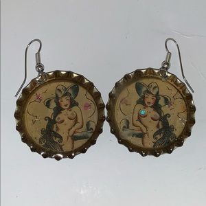 Pinup Cowgirl Resin Bottle-cap Drop Earrings